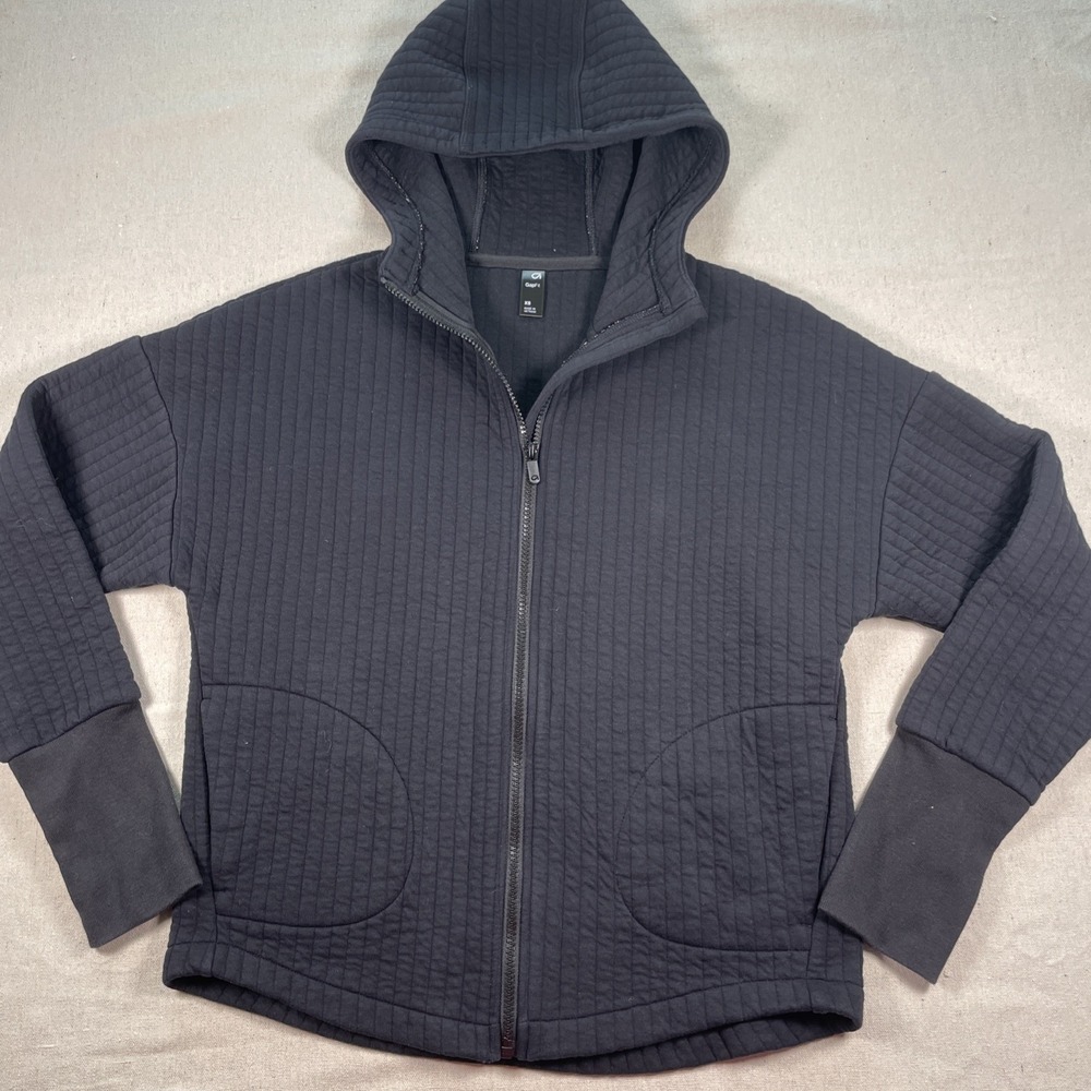 GapFit Black XS Oversized Jacquard Hoodie Thumb Holes‎ Quilted Cotton Blend